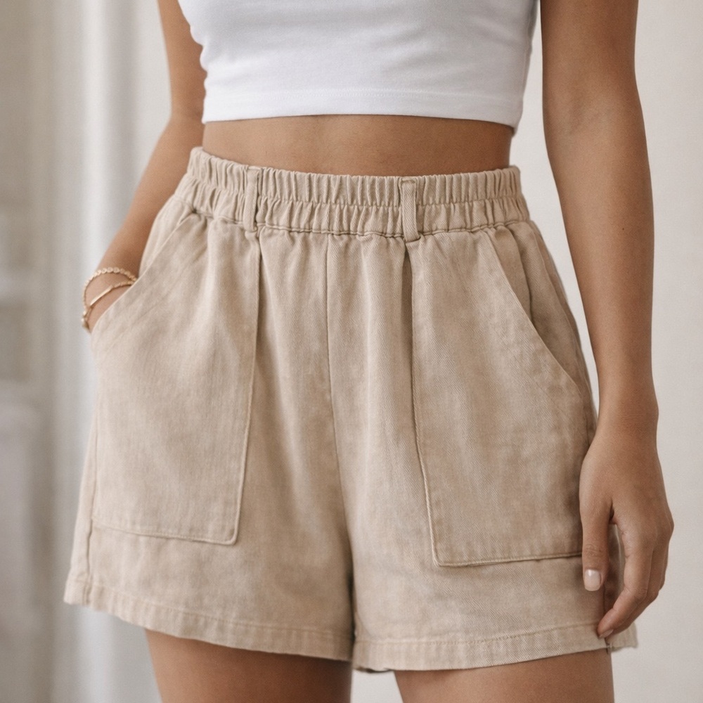 Vici Beige Elastic-Waist Utility Shorts